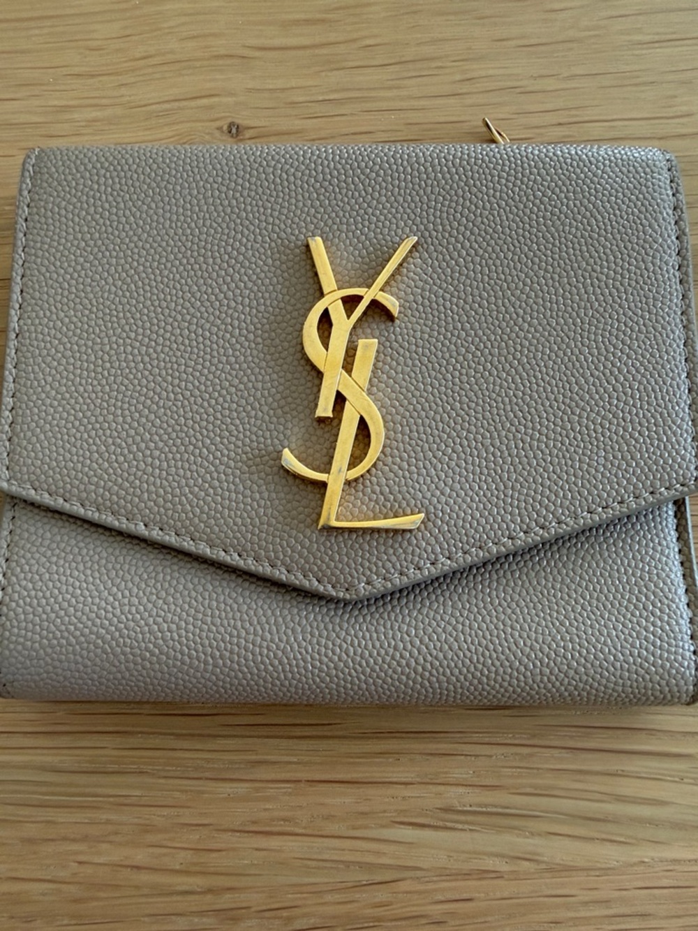 Authentic Saint Laurent Taupe Uptown Compact Leather Wallet with Gold YSL Emblem
